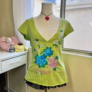 Boho garden floral embroidery short sleeve deep v-neck y2k green top size M